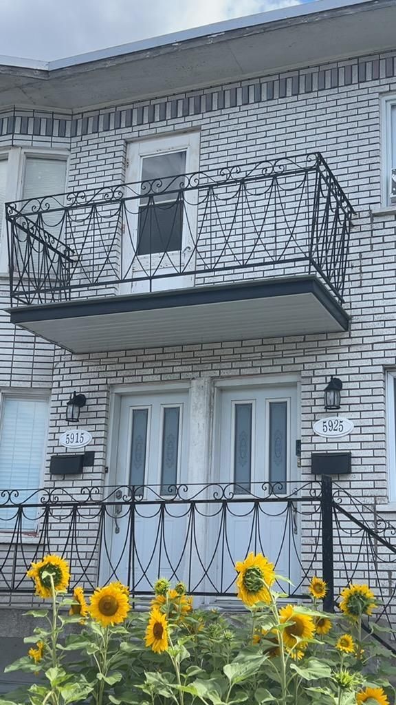 Immeuble d'habitation avec balcon, tournesols devant les portes. Façade en briques tressées, fer forgé noir.