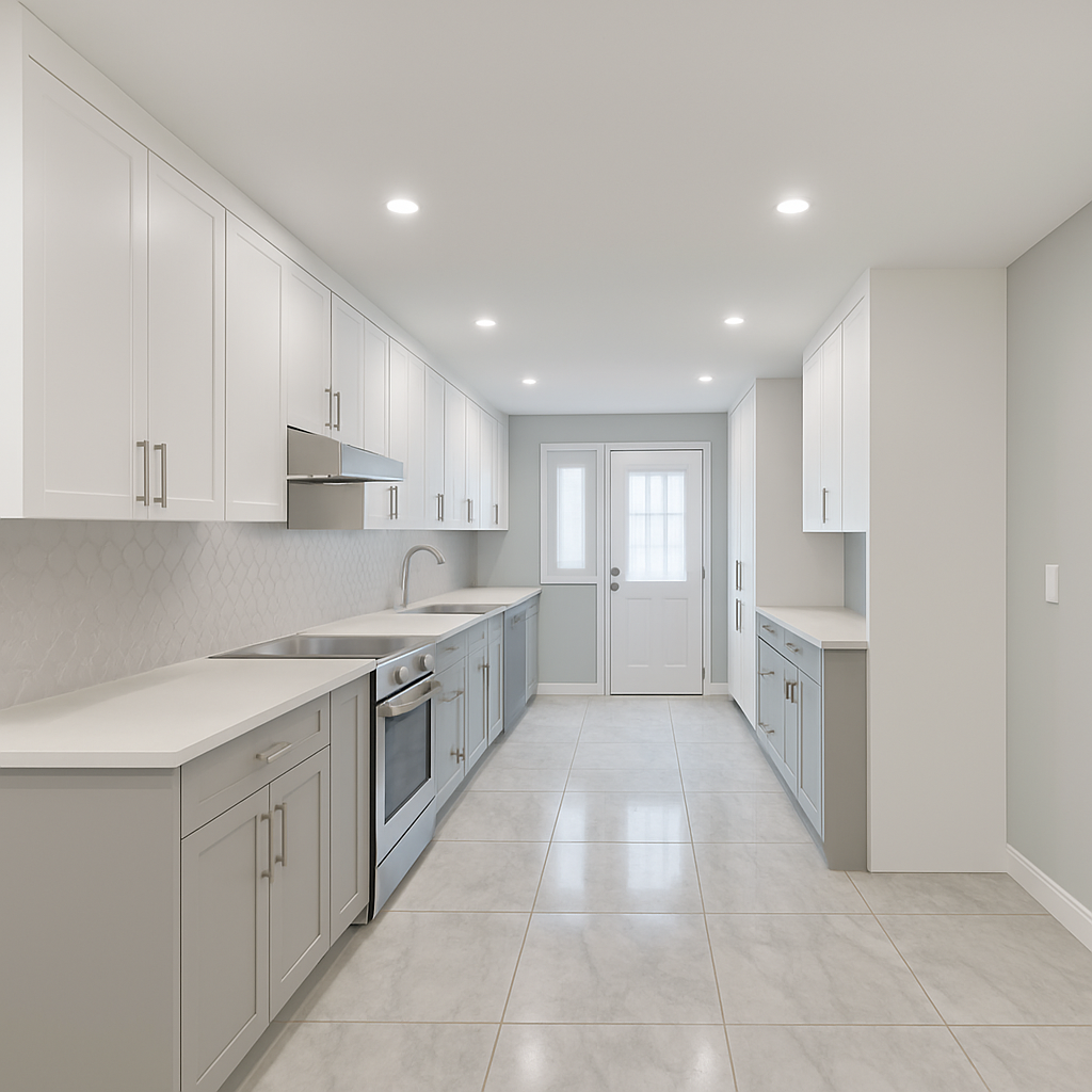 Cuisine moderne avec armoires blanches et grises, appareils électroménagers en acier inoxydable 