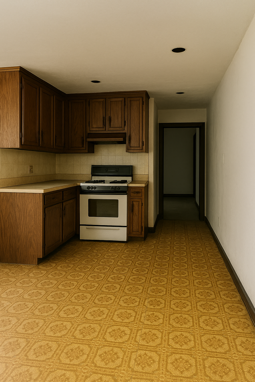 Cuisine avec placards marron foncé, cuisinière blanche et sol à motifs jaunes. Porte donnant sur le couloir en arrière-plan.