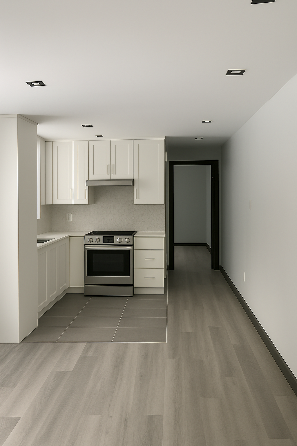 Petite cuisine blanche avec cuisinière en acier inoxydable et sol gris clair.