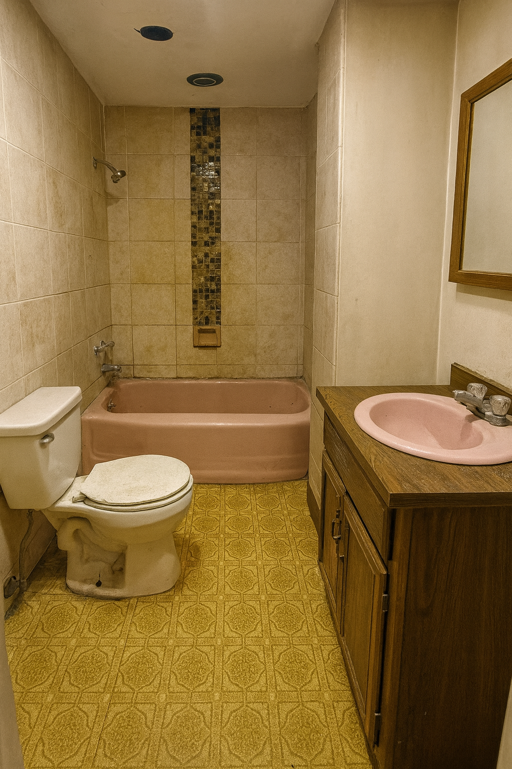 Salle de bain rose, sol jaune et murs carrelés beige.