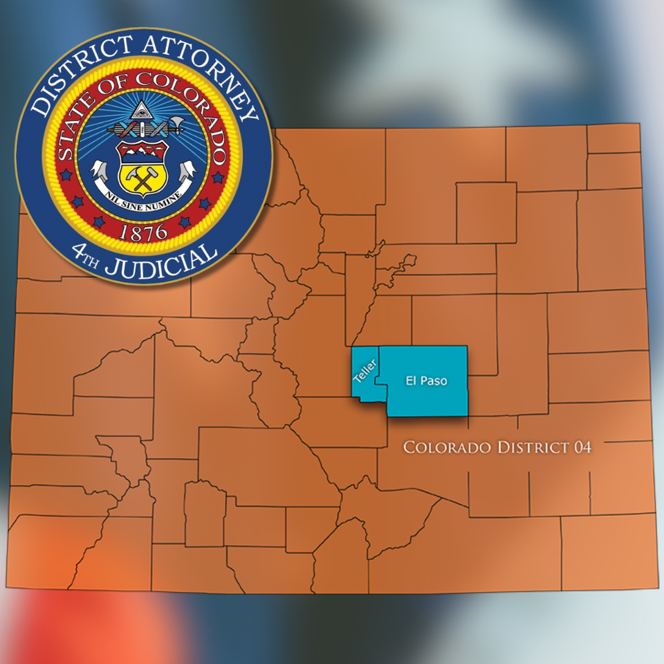 A map of Colorado highlighting El Paso and Teller Counties and a logo for the 4th District Attorney's Office.