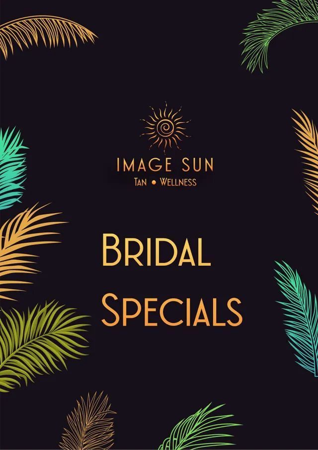 A poster for bridal specials with palm leaves on a black background.