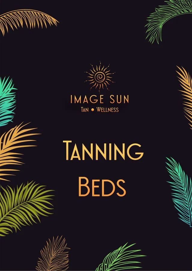 A poster for tanning beds with palm leaves on a black background