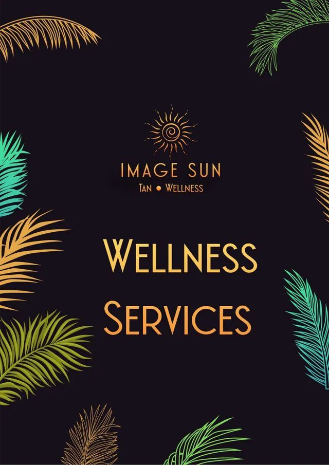 A poster for image sun wellness services with palm leaves on a black background.