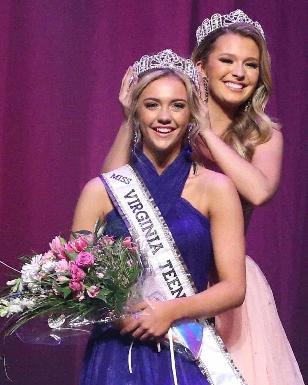 Two women are posing for a picture and one of them is wearing a virginia teen sash