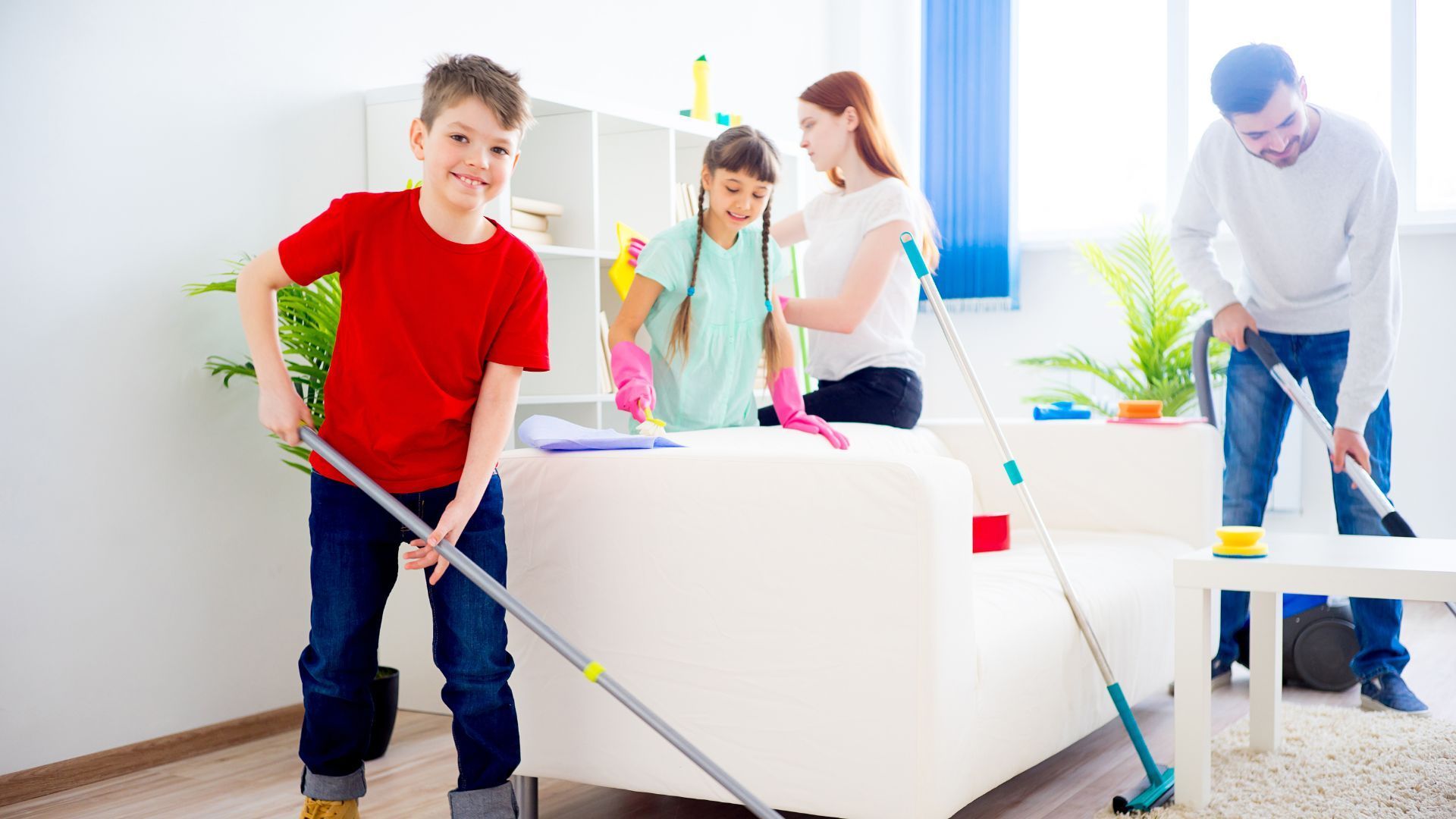 A family is cleaning their living room together.