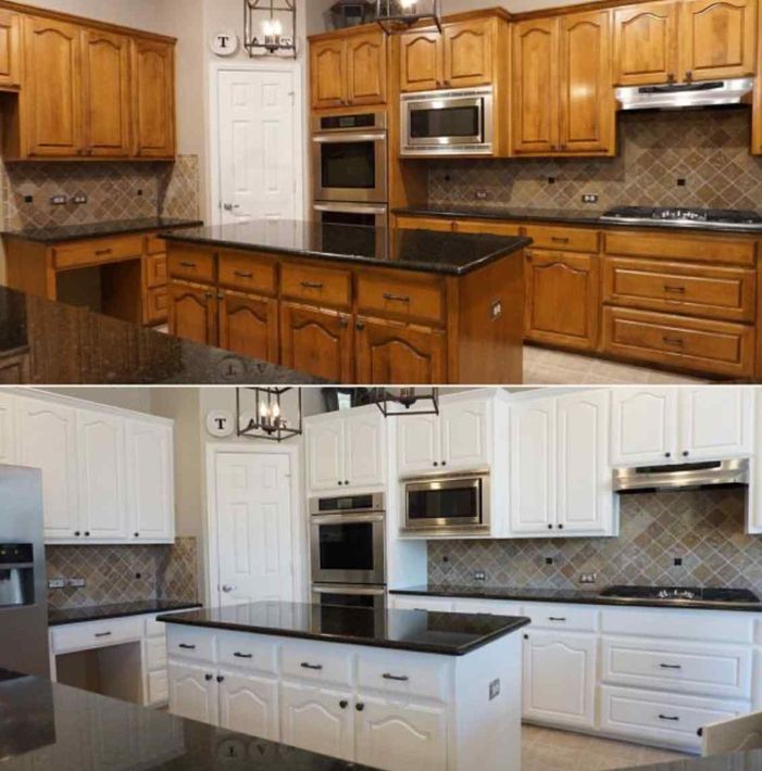 A before and after photo of a kitchen with wooden cabinets and white cabinets