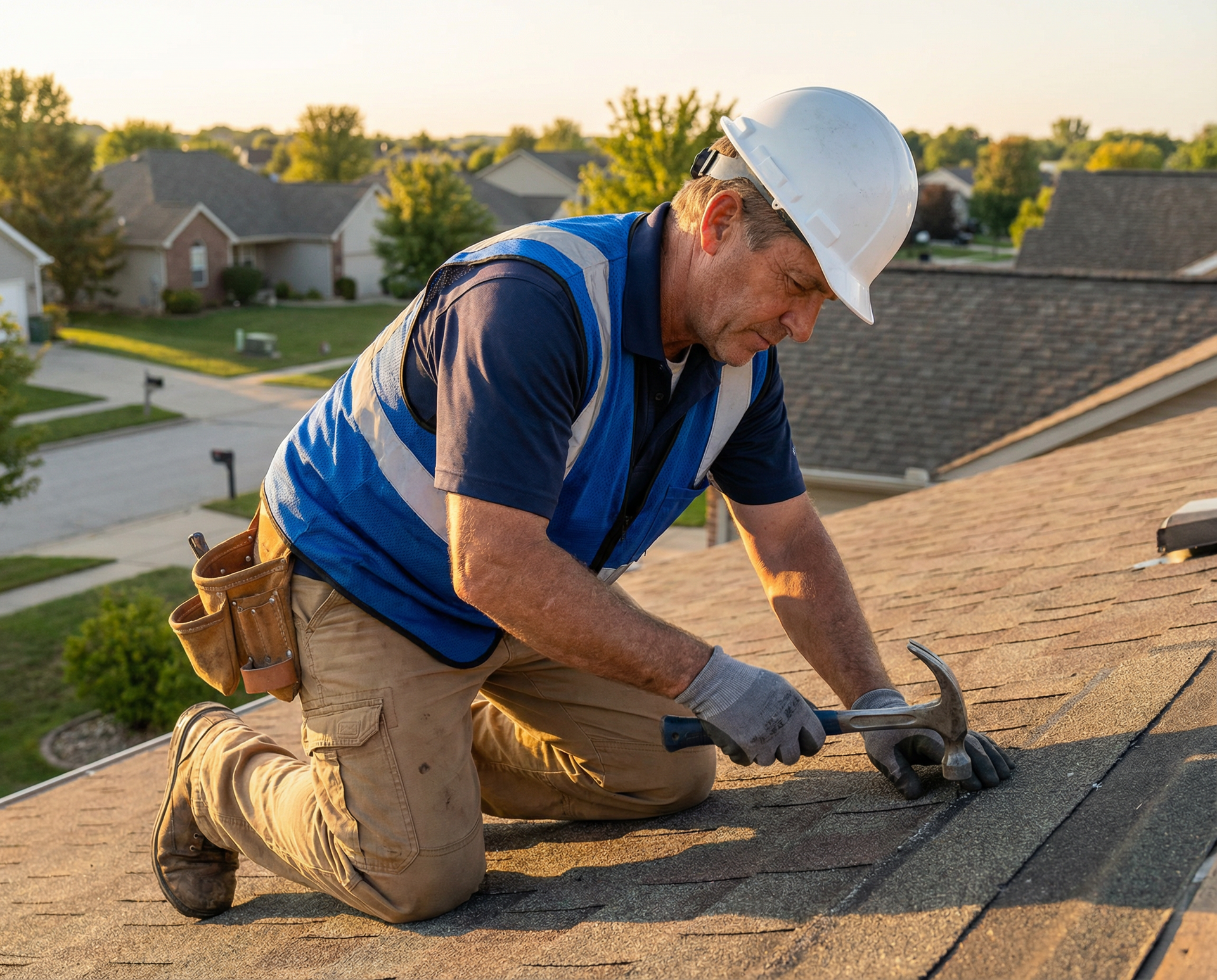 Roofer in safety gear, kneeling on a rooftop, hammering shingles.