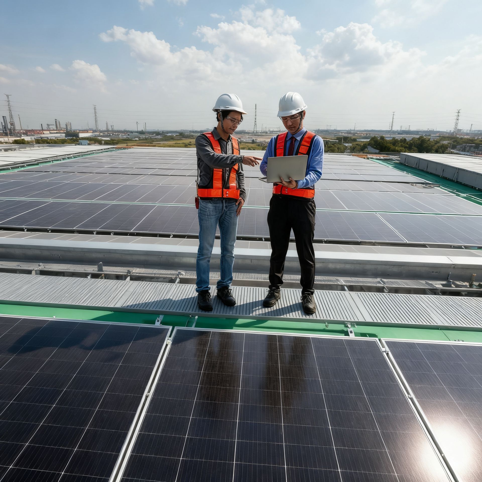 Two engineers in safety vests and hard hats on a rooftop with solar panels, looking at a laptop.