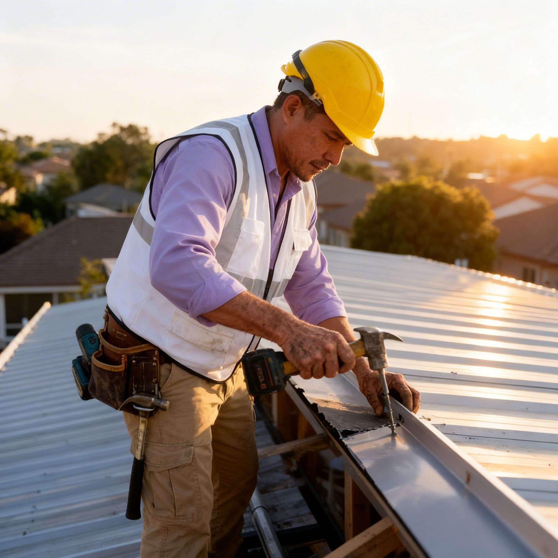 Roofer in hard hat and vest, hammering metal gutter on a rooftop. Sunset.