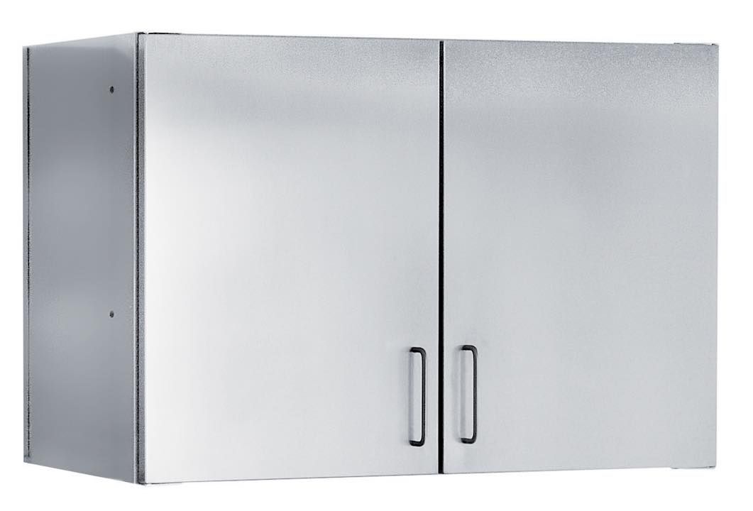 Un mobile in acciaio inox con due ante su sfondo bianco.
