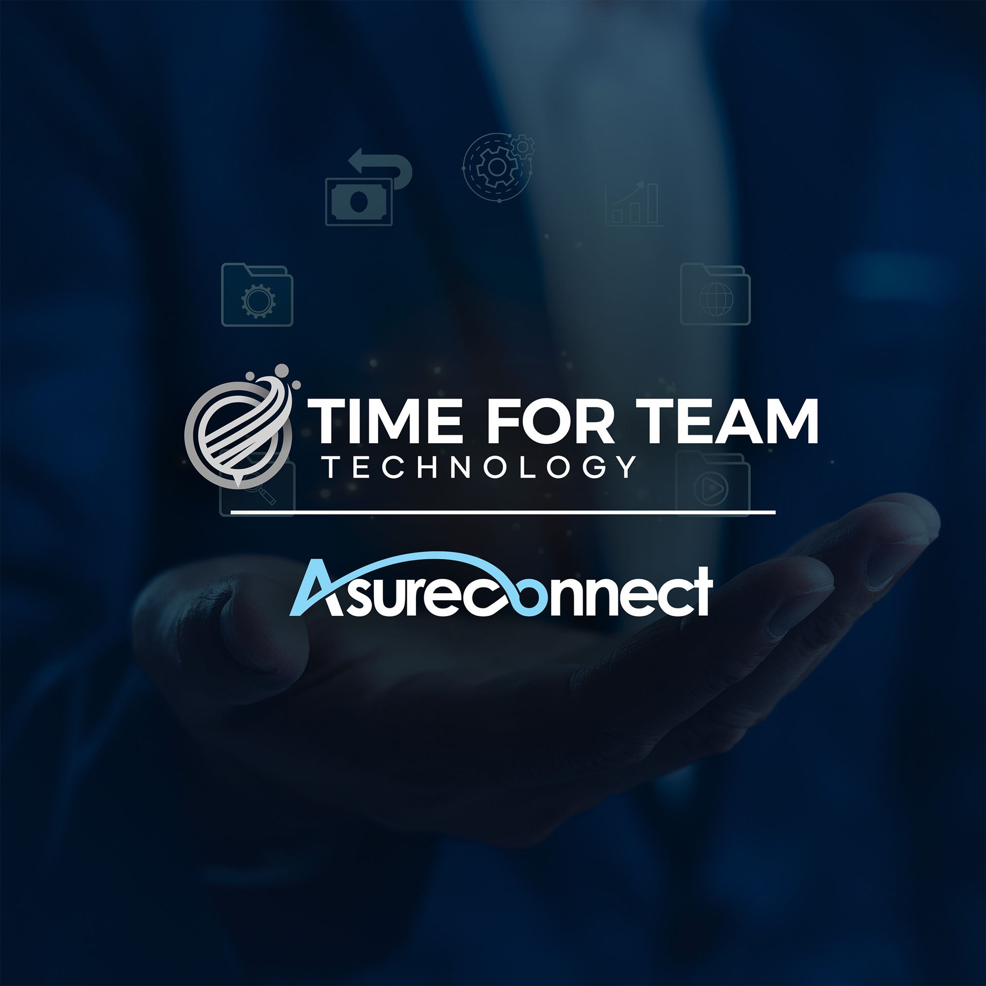 A person is holding a time for team technology logo in their hand.  Under the time for team technology logo is the Asureconnect logo