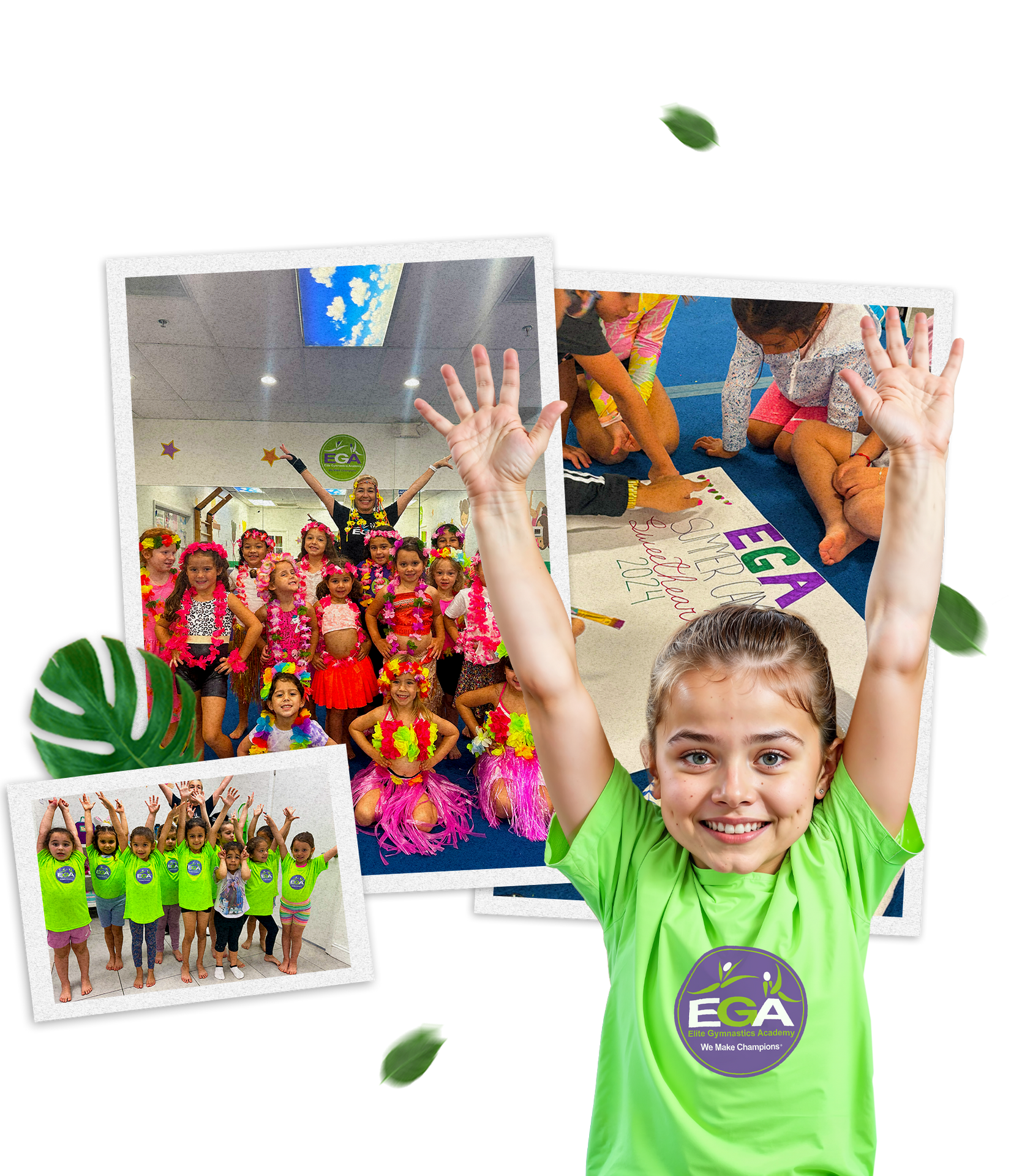 Una niña con una camisa verde levanta las manos en el aire.