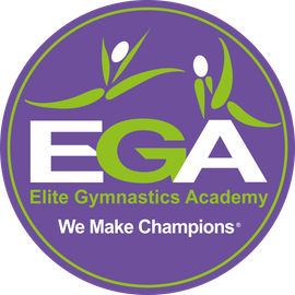 Un logotipo morado y verde para la academia de gimnasia de élite.