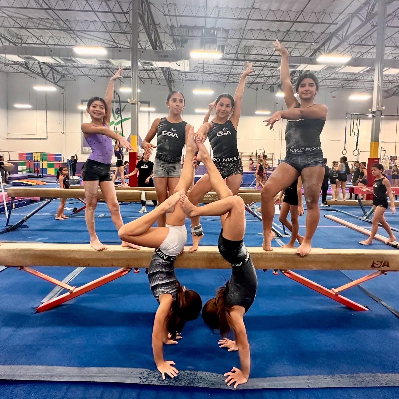 Un grupo de chicas jóvenes están haciendo paradas de manos en una viga de equilibrio.