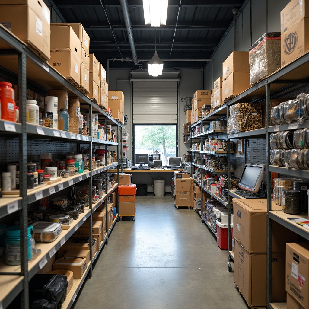 Warehouse interior with shelves stocked with boxes and products, a workspace at the end, and a bright doorway.