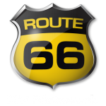Route 66 sign in shield shape, black and yellow, shiny, with 