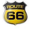 Route 66 sign in shield shape, black and yellow, shiny, with 