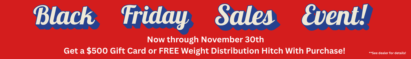 Black Friday Sales Event! Red banner with white and blue text. 