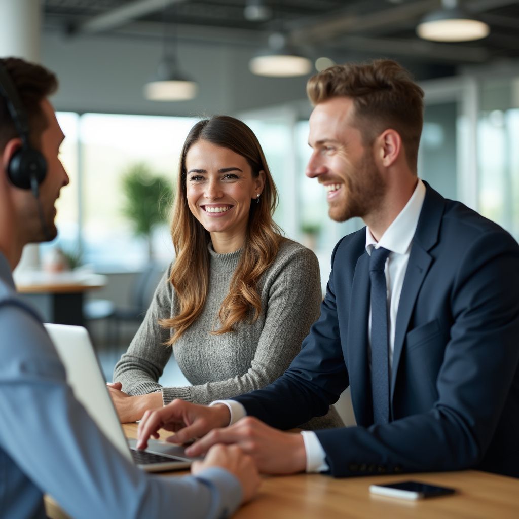 Three people smiling around a laptop in an office setting.