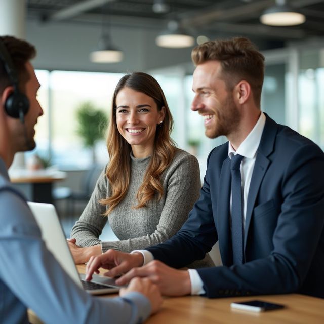 Three people smiling around a laptop in an office setting.