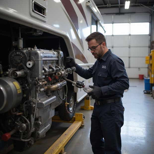 Mechanic works on RV engine in a garage; he wears glasses and gloves.