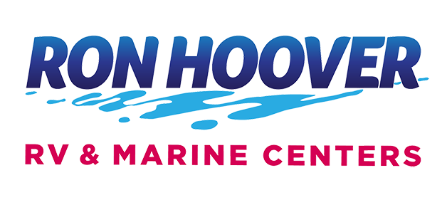 Ron Hoover RV & Marine Centers logo with blue text and water graphic.