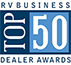 RV Business Top 50 Dealer Awards logo. Text on a blue background with white letters.