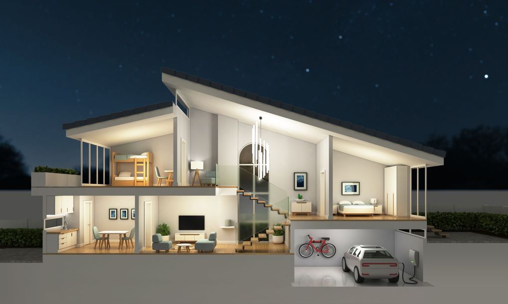 A split-level home interior view showing a garage, kitchen, living room, and upstairs bedroom at night.