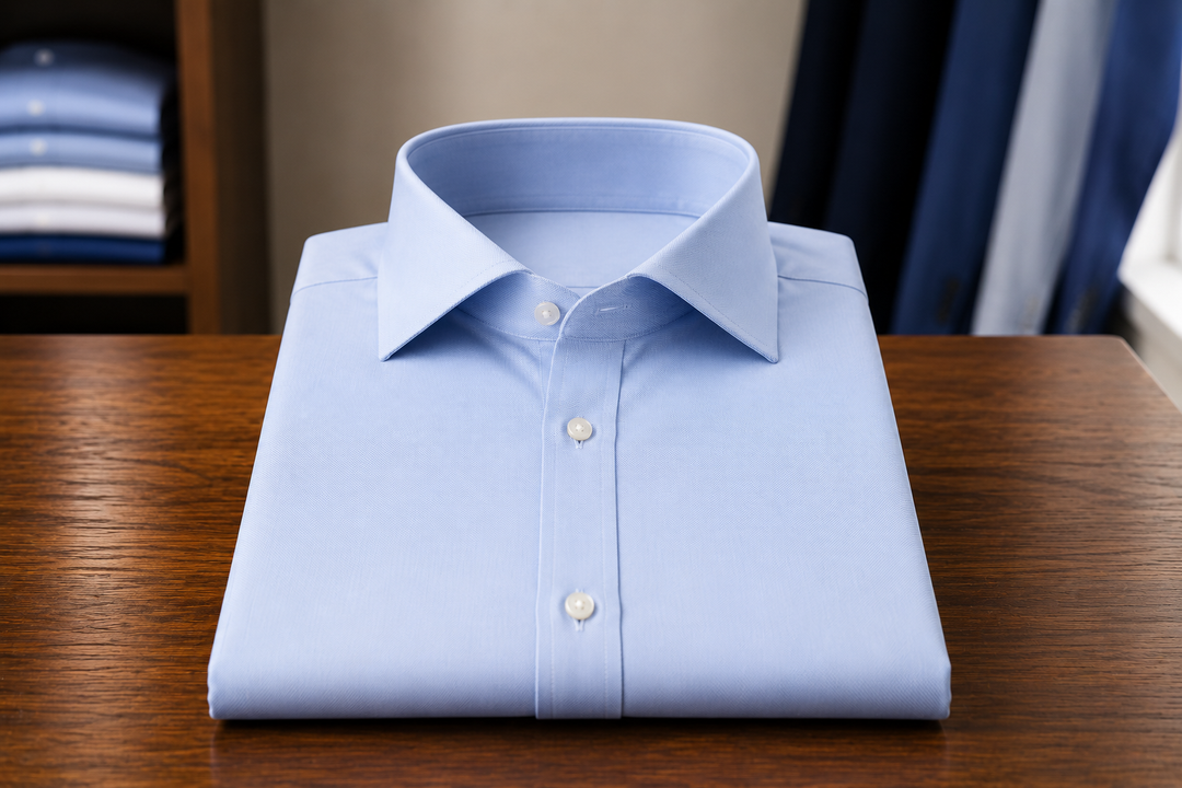 Camicia azzurra piegata su un tavolo di legno, con degli scaffali sfocati sullo sfondo.