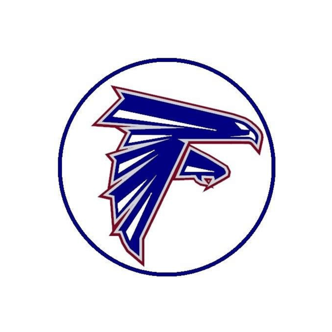 A blue and red falcon logo in a circle