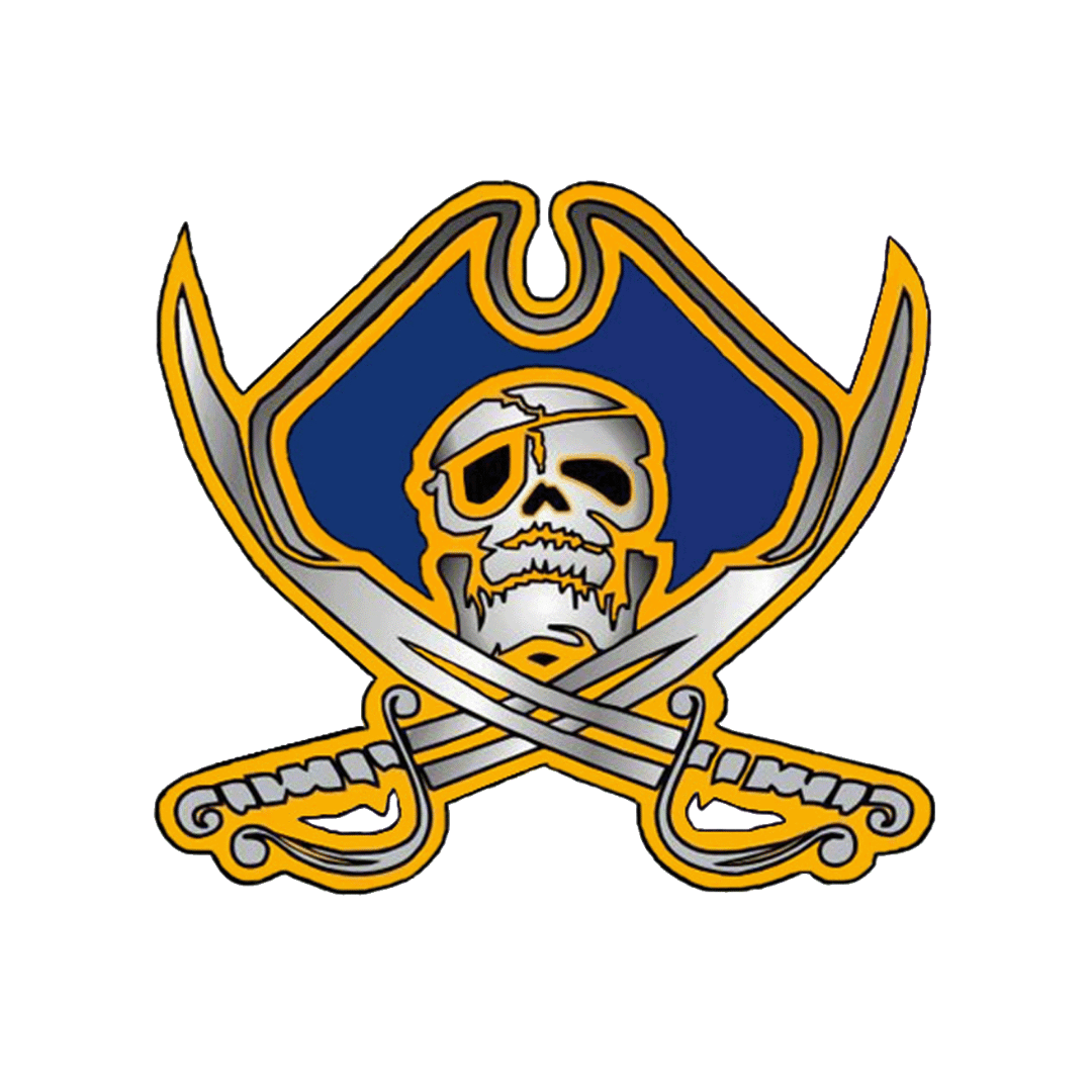 A pirate emblem with a skull and crossed swords