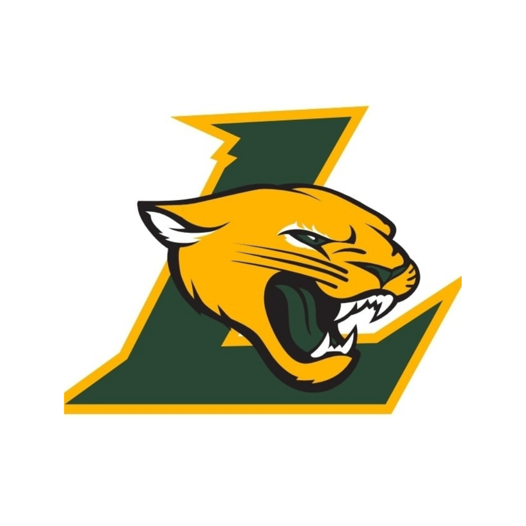 A yellow and green logo with a cat 's head