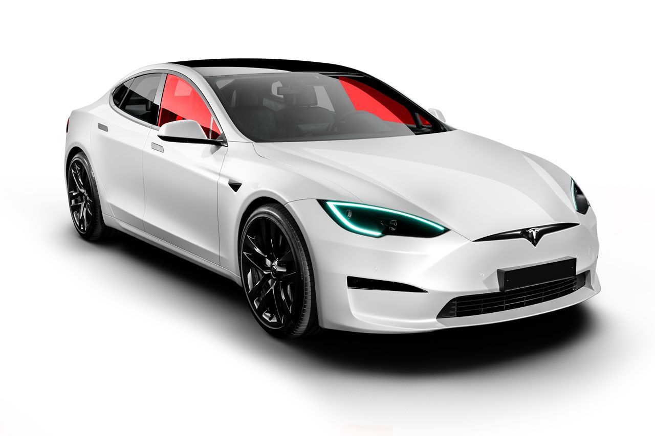 A white tesla model s with a red windshield on a white background.