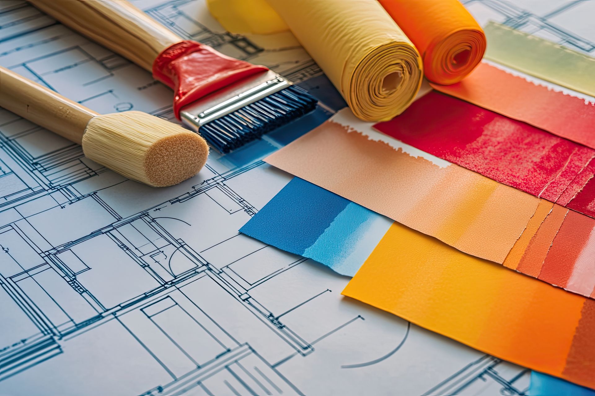 Paintbrushes and paint swatches on top of a blue blueprint.