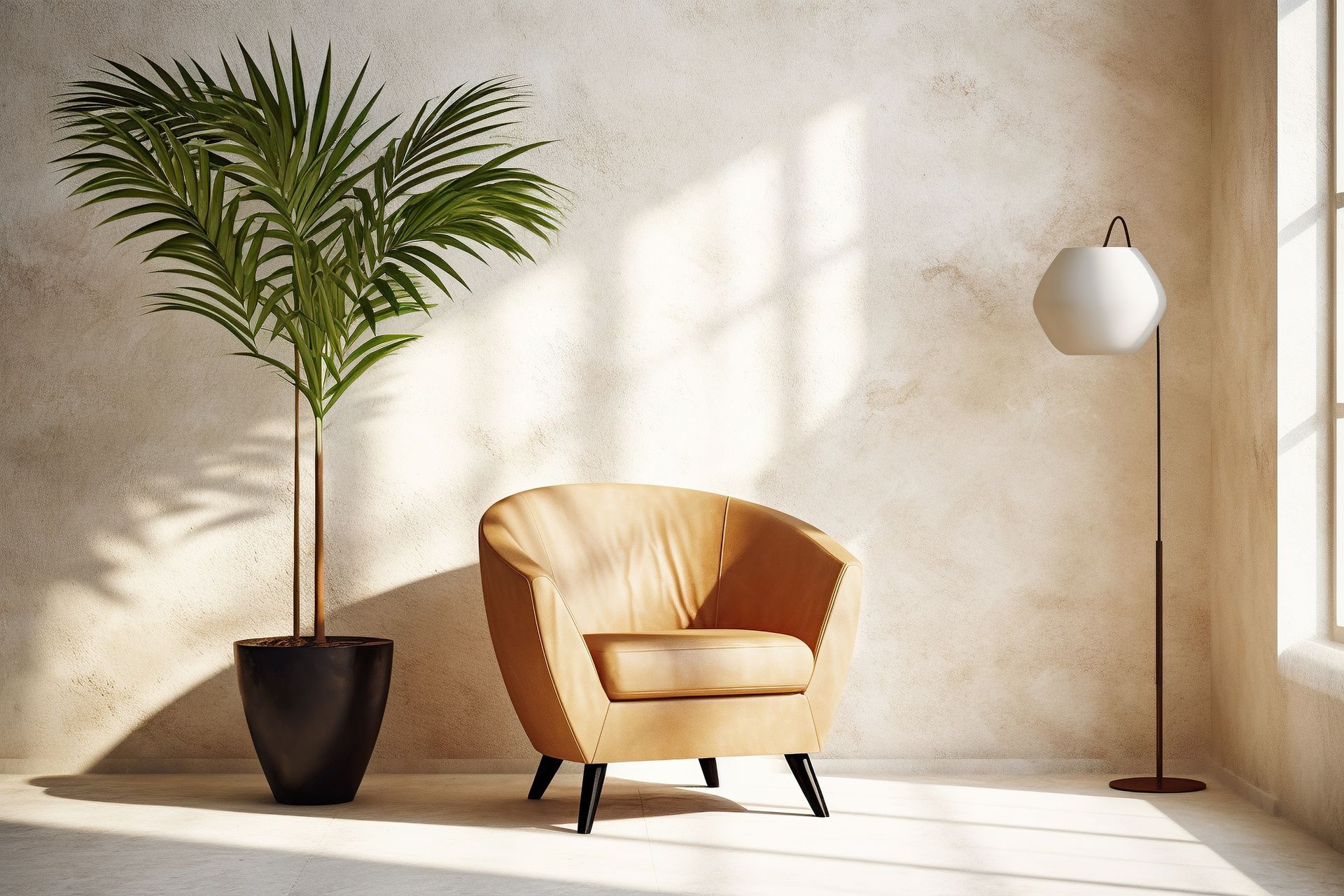 Tan armchair, palm tree, and modern lamp in a warmly lit room with textured walls.