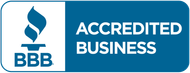BBB Accredited Business logo. Blue flame icon, white text on a blue background.