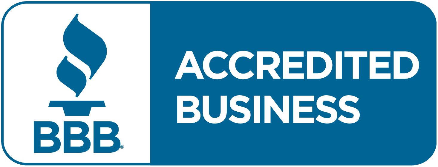 BBB Accredited Business logo. Blue flame icon, white text on a blue background.
