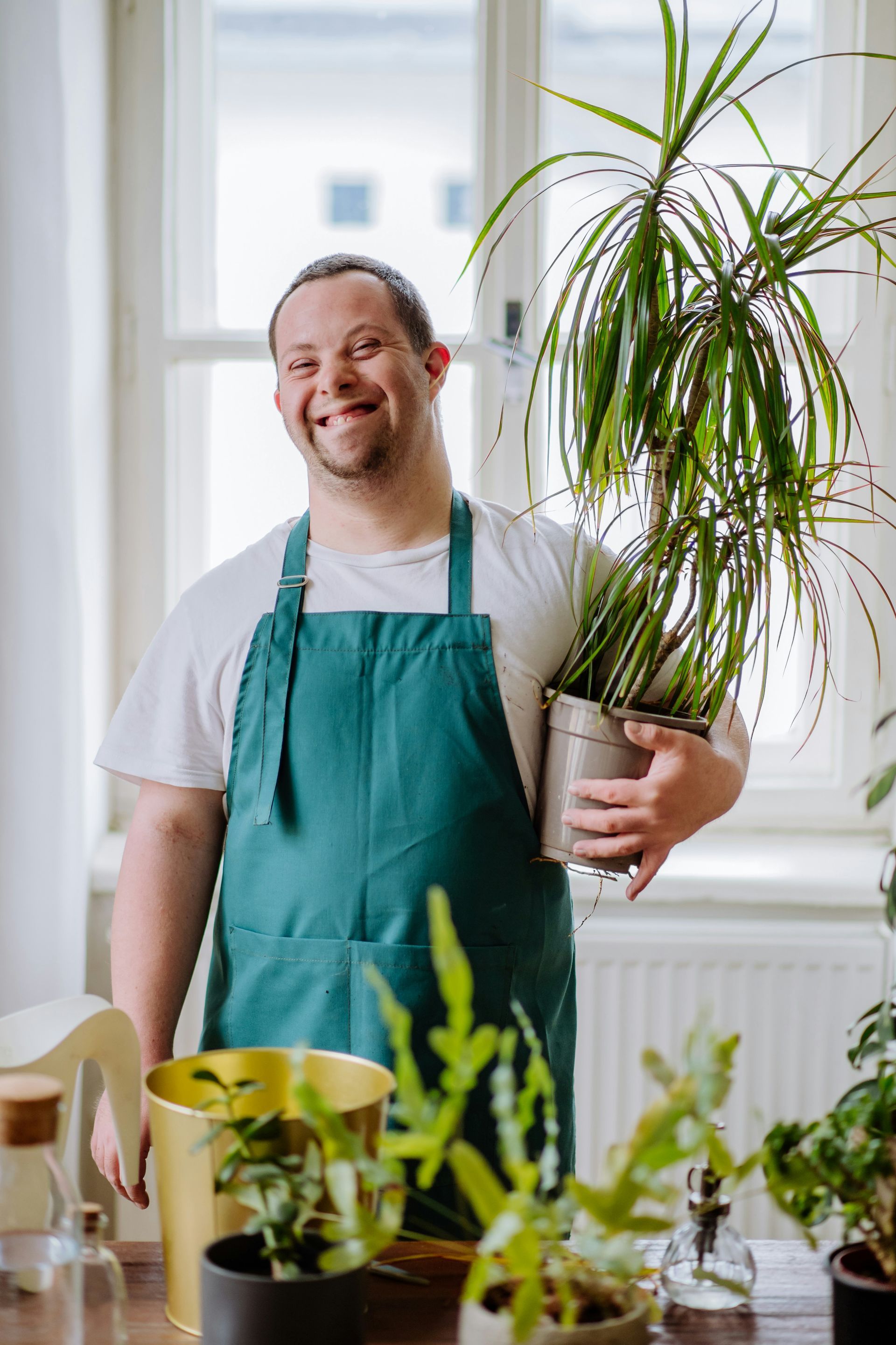 A smiling person in a green apron holding a potted plant in a bright room with other plants on a table nearby.