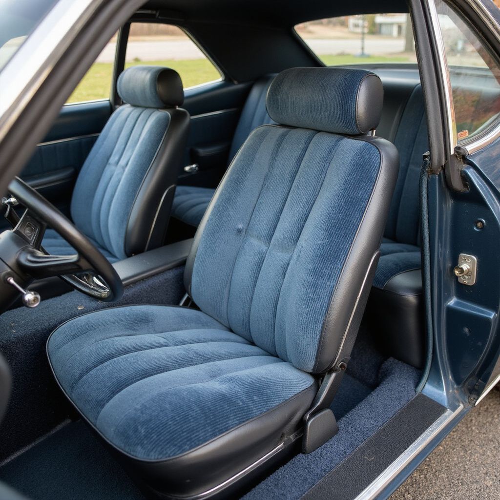 Blue corduroy car seats in a classic car, dark blue interior.