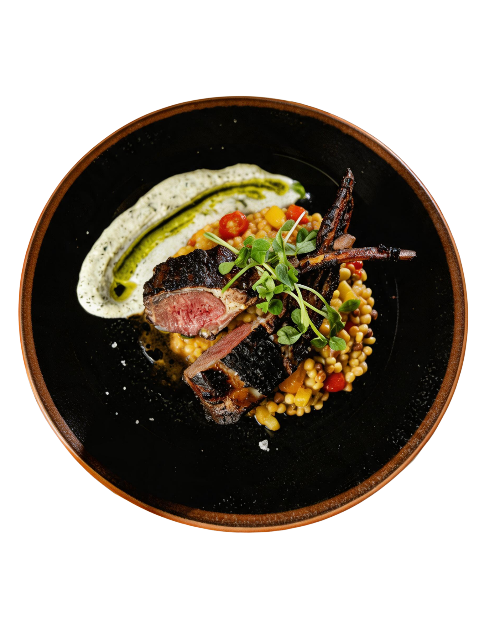 Gourmet plated dish with seared meat, vegetables, greens, and creamy sauce on a dark round plate.