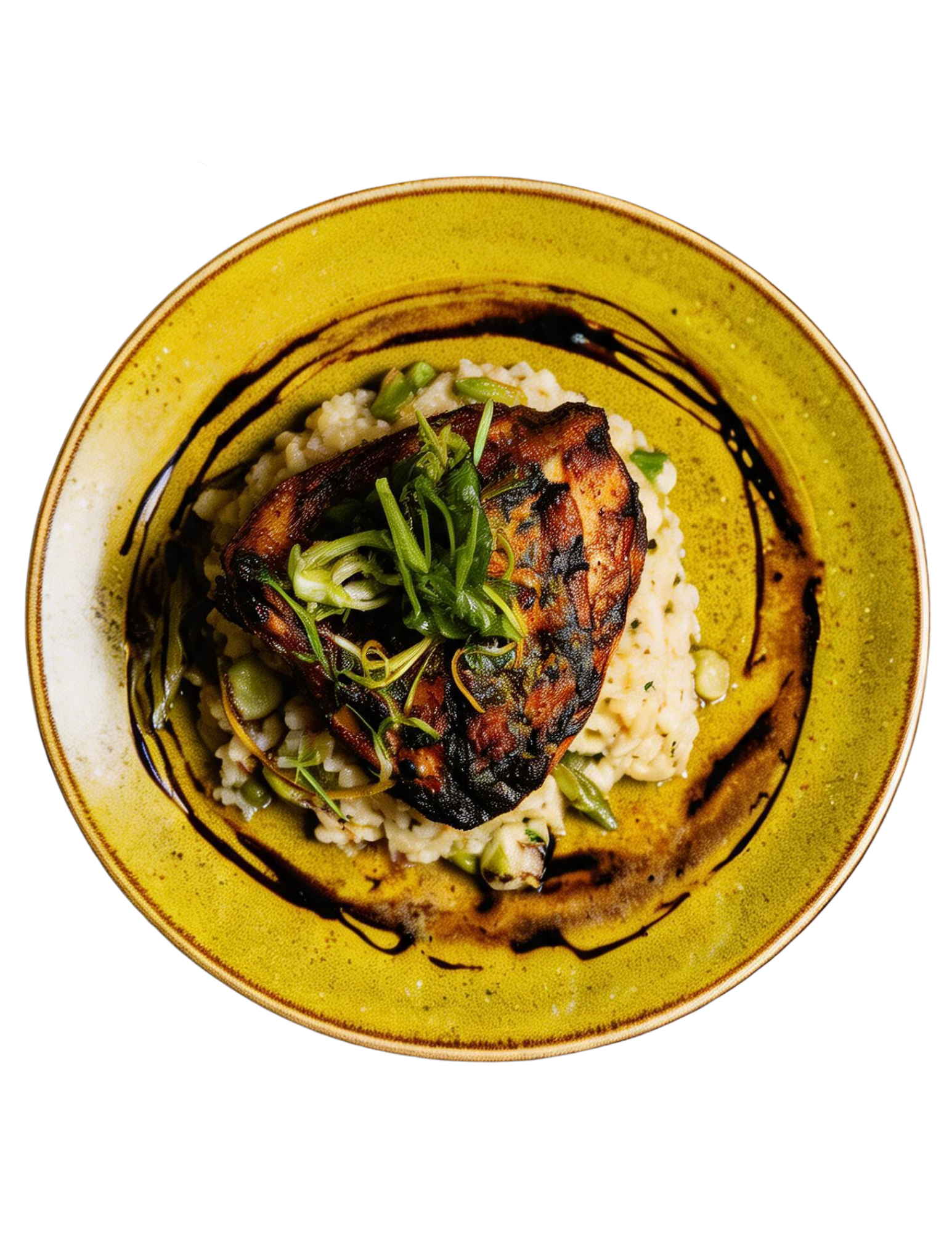 Top-down view of a plated grilled fish dish with herbs and sauce on a yellow bowl, on a white background