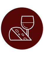 A slice of cheese and a glass of wine in a circle.