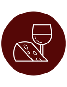 Cheese wedge and a glass of wine icon in white on a dark red circle.