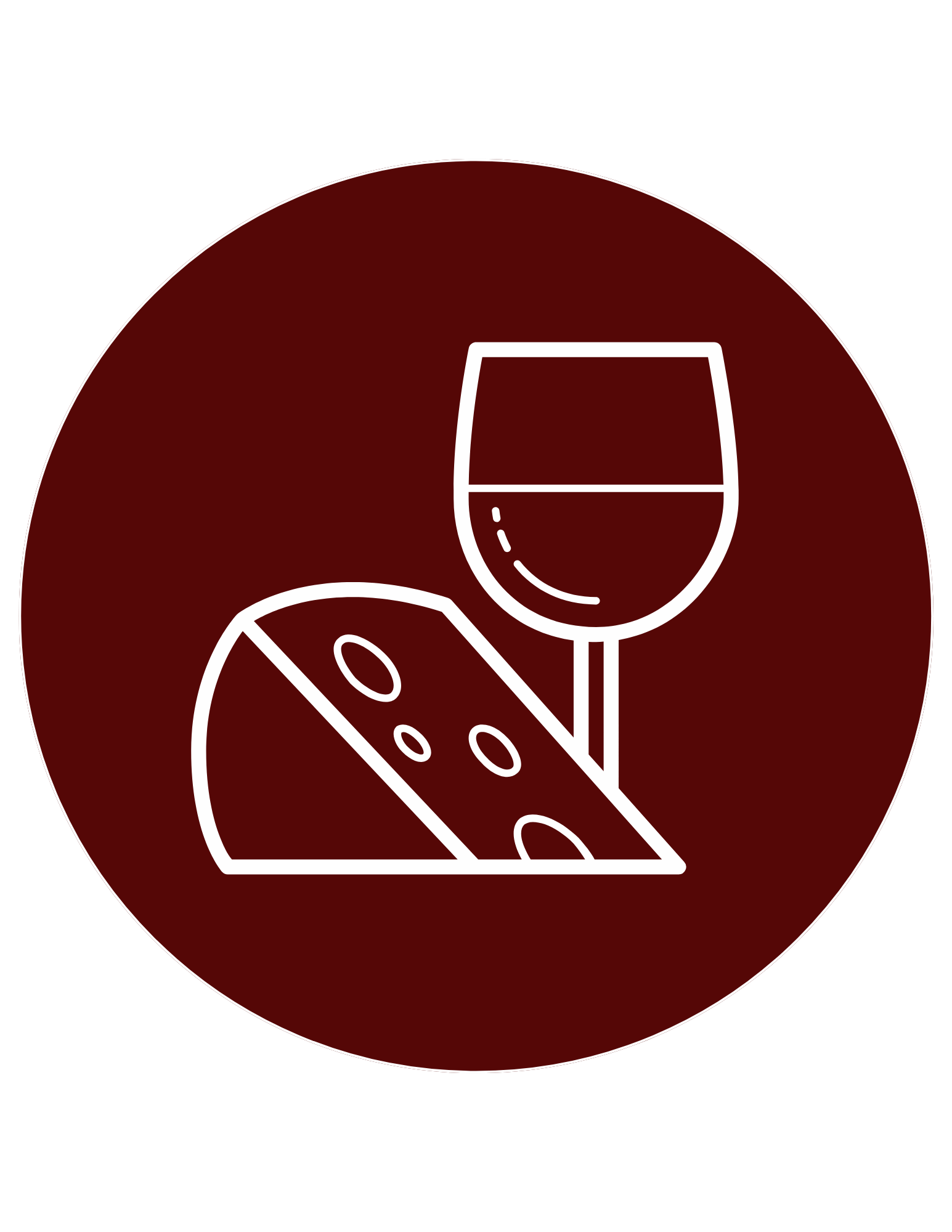 Cheese wedge and a glass of wine icon in white on a dark red circle.