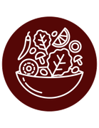 White line drawing of a salad in a bowl, featuring lettuce, vegetables, and a slice of citrus, on a maroon background.