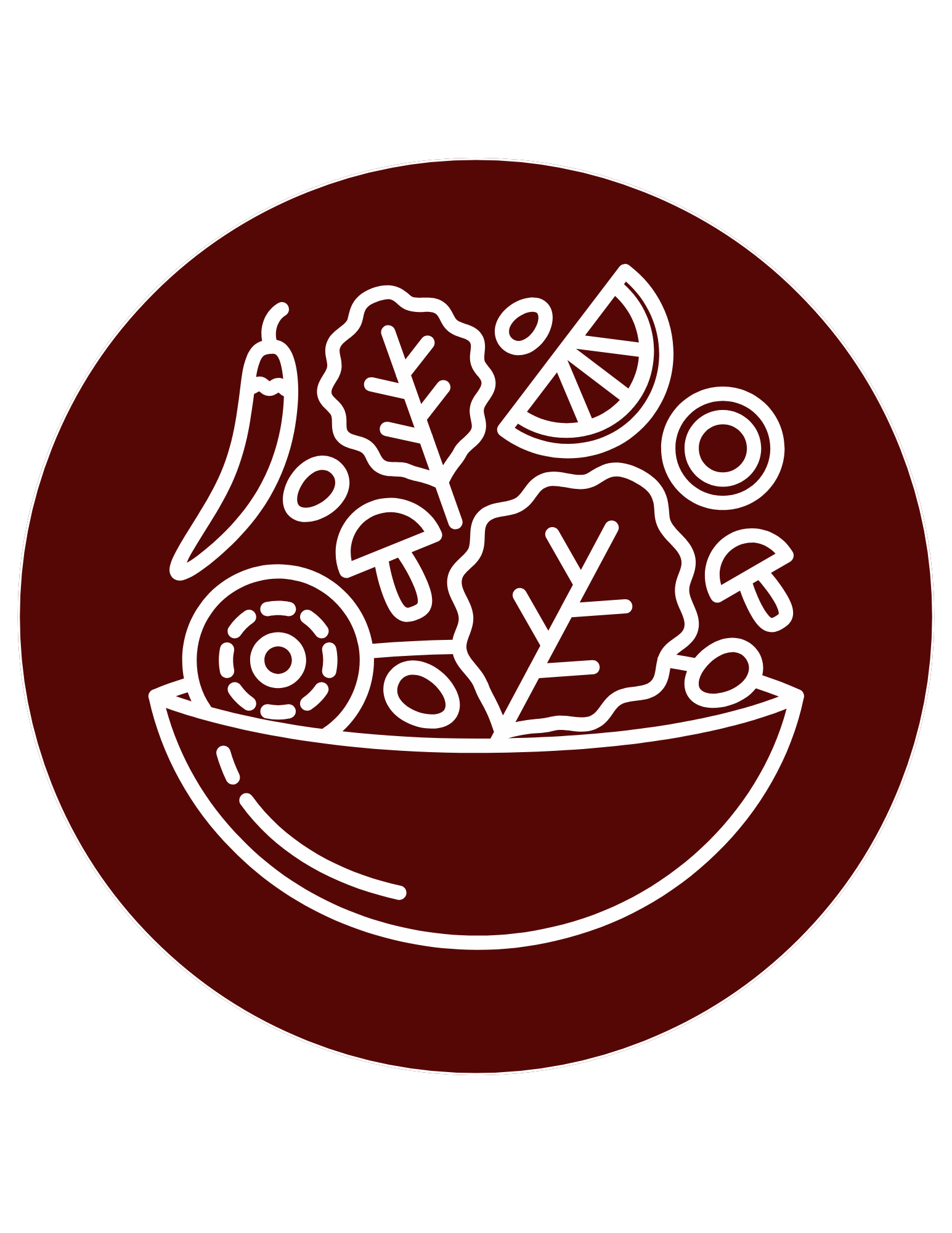 White line drawing of a salad in a bowl, featuring lettuce, vegetables, and a slice of citrus, on a maroon background.