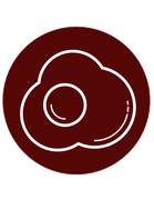 Fried egg icon in white outline, set against a dark red circular background.
