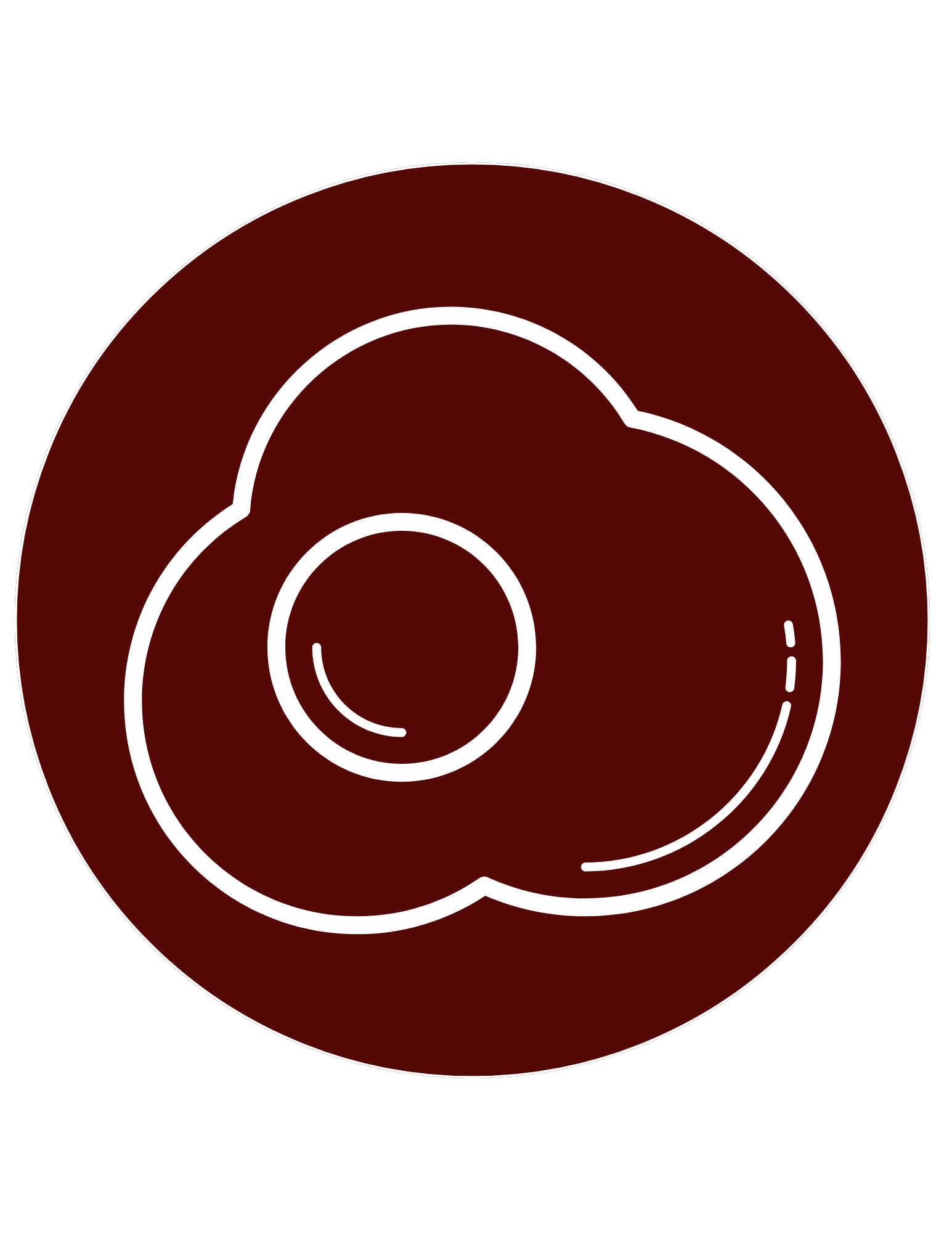 Fried egg icon in white outline, set against a dark red circular background.